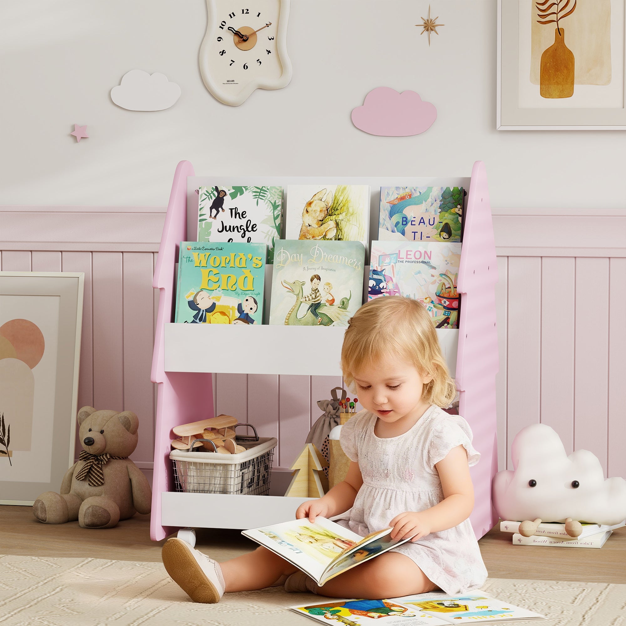 AIYAPLAY Kids Bookshelf with Toy Storage, Double-Sided Bookcase with Wheels, 3 Tier Kids Book Rack for Bedroom, Pink