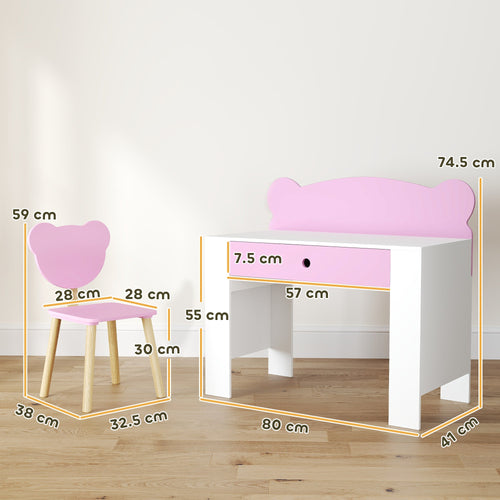 AIYAPLAY Kids Desk and Chair Set with Drawer for Drawing, Reading, Bear Theme Children Furniture for Bedroom, Daycare, Pink