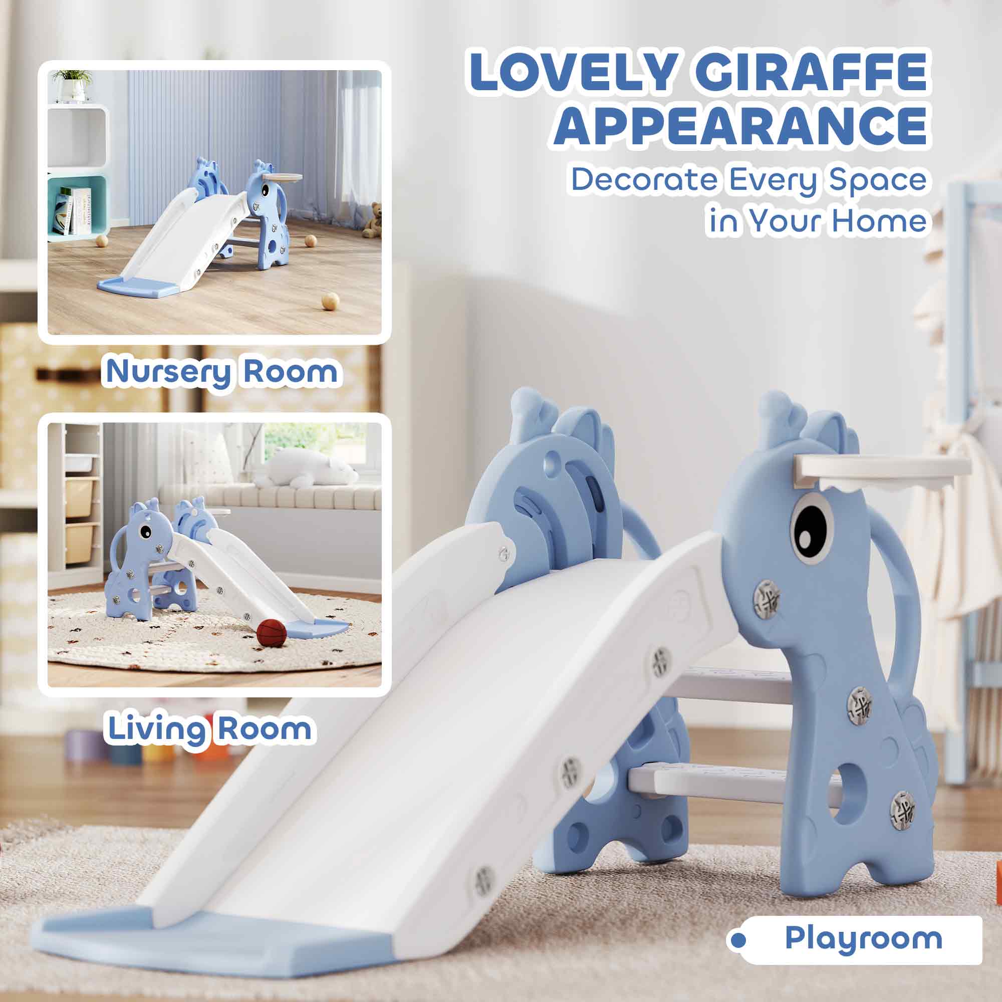 AIYAPLAY 3 in 1 Kids Slide with Climber, Basketball Hoop and Ball, Giraffe Shape Climber Slide for Indoor Kids Age 1-3, Blue