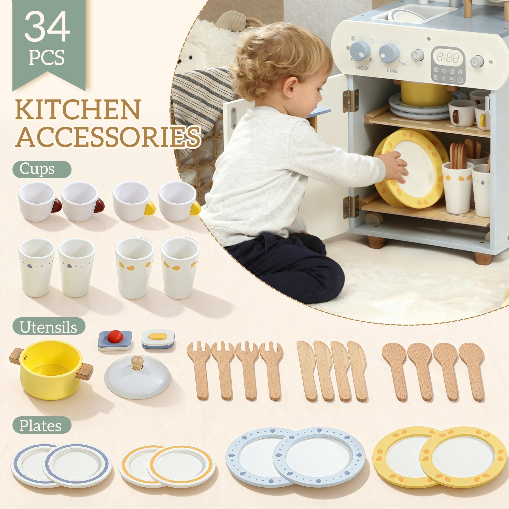 AIYAPLAY Wooden Dishwasher Playset, Kitchen Sink Toys with Faucet, Sink and Accessories, Gift for Boys Girls Toddlers
