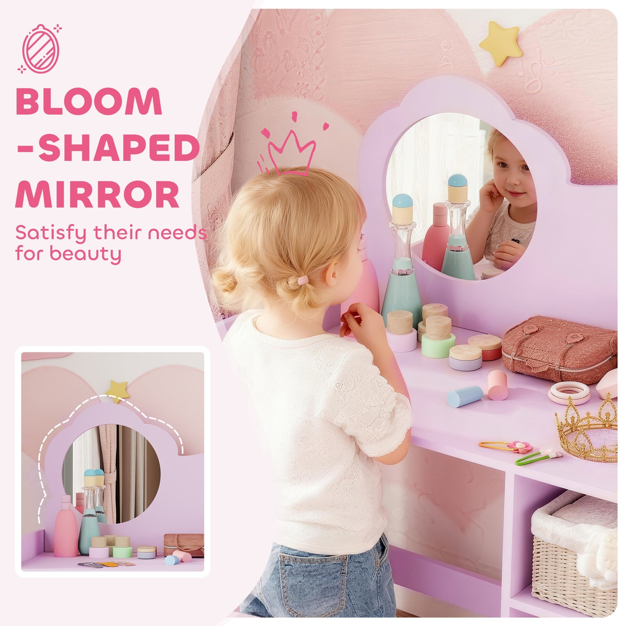 AIYAPLAY Kids Dressing Table with Mirror, Stool, Kids Vanity Table with Shelves, for Ages 3-8 Years, Purple