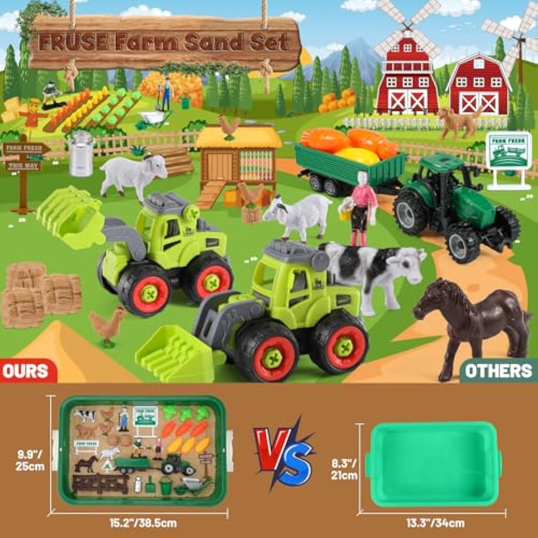 FRUSE Play Sand Farm Animal Toys,Sandbox Toys Set for Toddlers w/1 KG Play Sensory Sand, Farm Toy Figures and Tractor Truck Playset,Sensory Sandbox with Cover for Boy Girl Kid Age 3 4 5 6 7 8 9