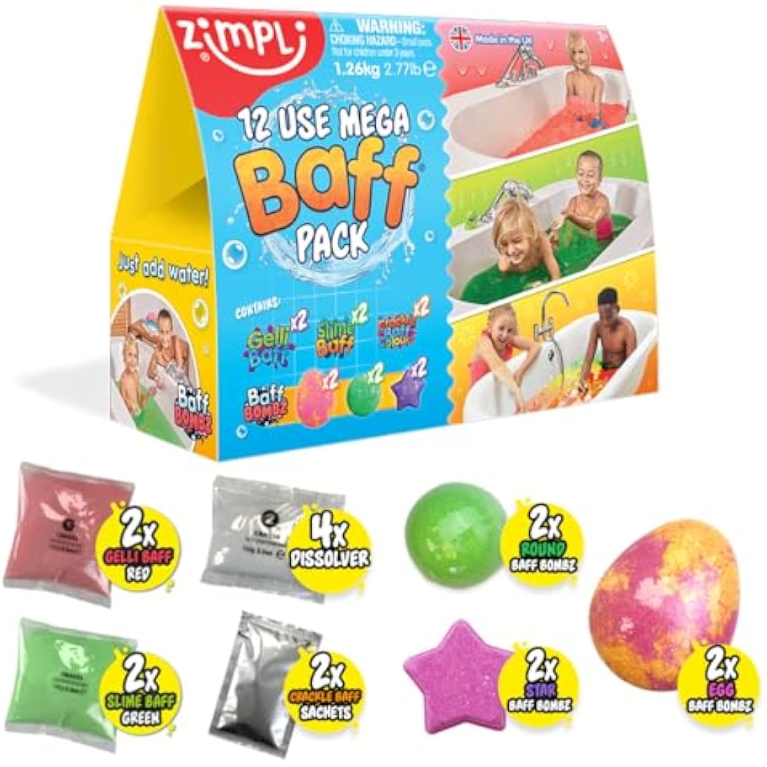 Zimpli Kids - 12 Use Mega Baff Pack, 6 x Bath Bombs, 2 x Gelli Baff, 2 x Slime Baff & 2 x Crackle Baff, Children's Value Sensory Bath Toy Gift Set, Birthday Present for Boys & Girls, Water Toy