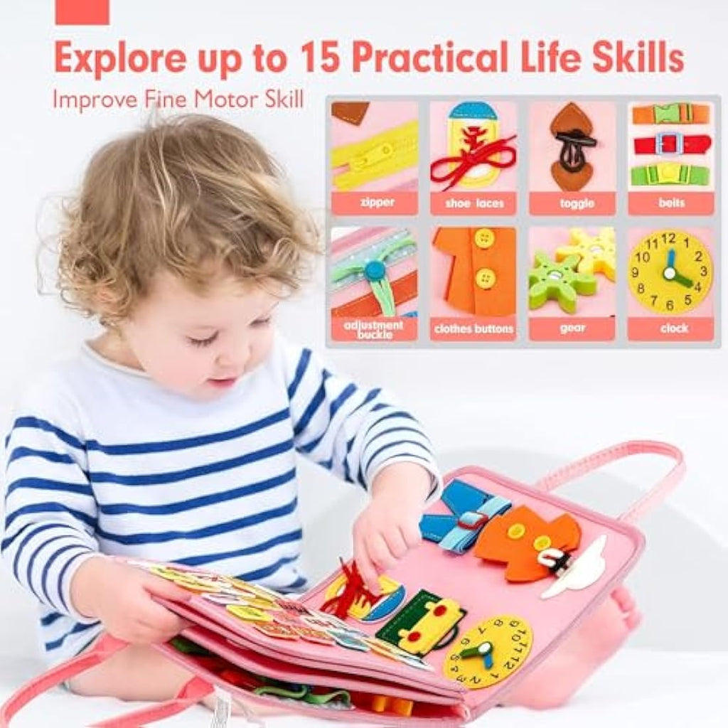 Hahaland Montessori Busy Board for Children of 3+ Years Old, Activity Sensory Book Offers Preschool Educational Skill Learning, Quiet Travel Toys for Plane Car, Birthday Gifts for Girls - Pink Unicorn