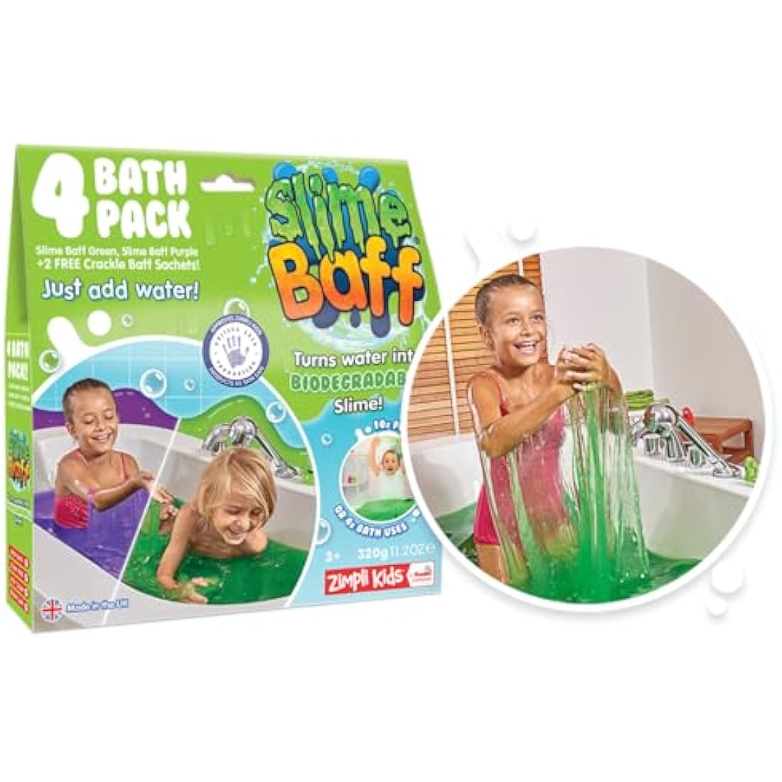 Zimpli Kids Slime Baff Purple & Green, 4 Bath Value Pack, Magically turns water into gooey, colourful slime, 2 x Free Crackle Baff, Children's Sensory & Bath Toy Gift, Certified Biodegradable