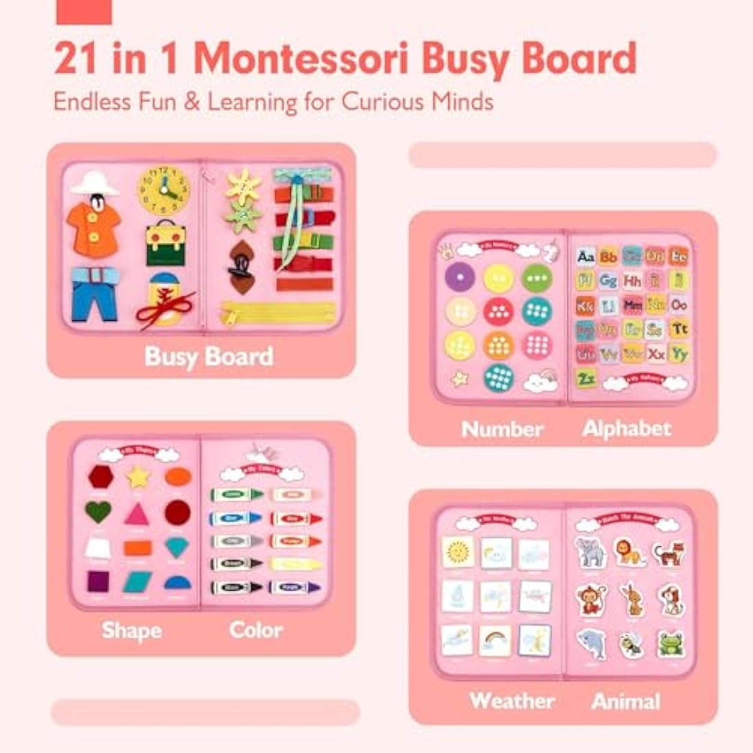 Hahaland Montessori Busy Board for Children of 3+ Years Old, Activity Sensory Book Offers Preschool Educational Skill Learning, Quiet Travel Toys for Plane Car, Birthday Gifts for Girls - Pink Unicorn