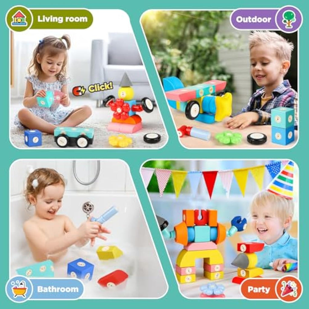 Jofuni Magnetic Foam Blocks for Kids 3-6 (100pcs), Castle Building Soft Blocks for Kids, STEM Sensory Toys 3 4 5 6 Years Old Boys Girls, Toddler Bath Toys, Birthday Gifts for 3-6 Girls Boys