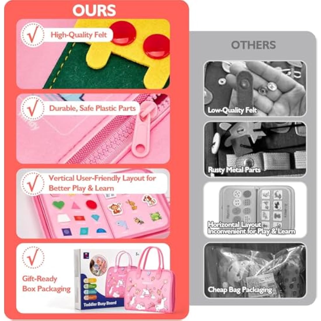 Hahaland Montessori Busy Board for Children of 3+ Years Old, Activity Sensory Book Offers Preschool Educational Skill Learning, Quiet Travel Toys for Plane Car, Birthday Gifts for Girls - Pink Unicorn