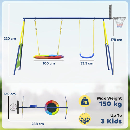 AIYAPLAY 4-in-1 Kids Swing Set with Saucer Swing, Basketball Hoop and Football Goal, Outdoor Playground Playset for Garden