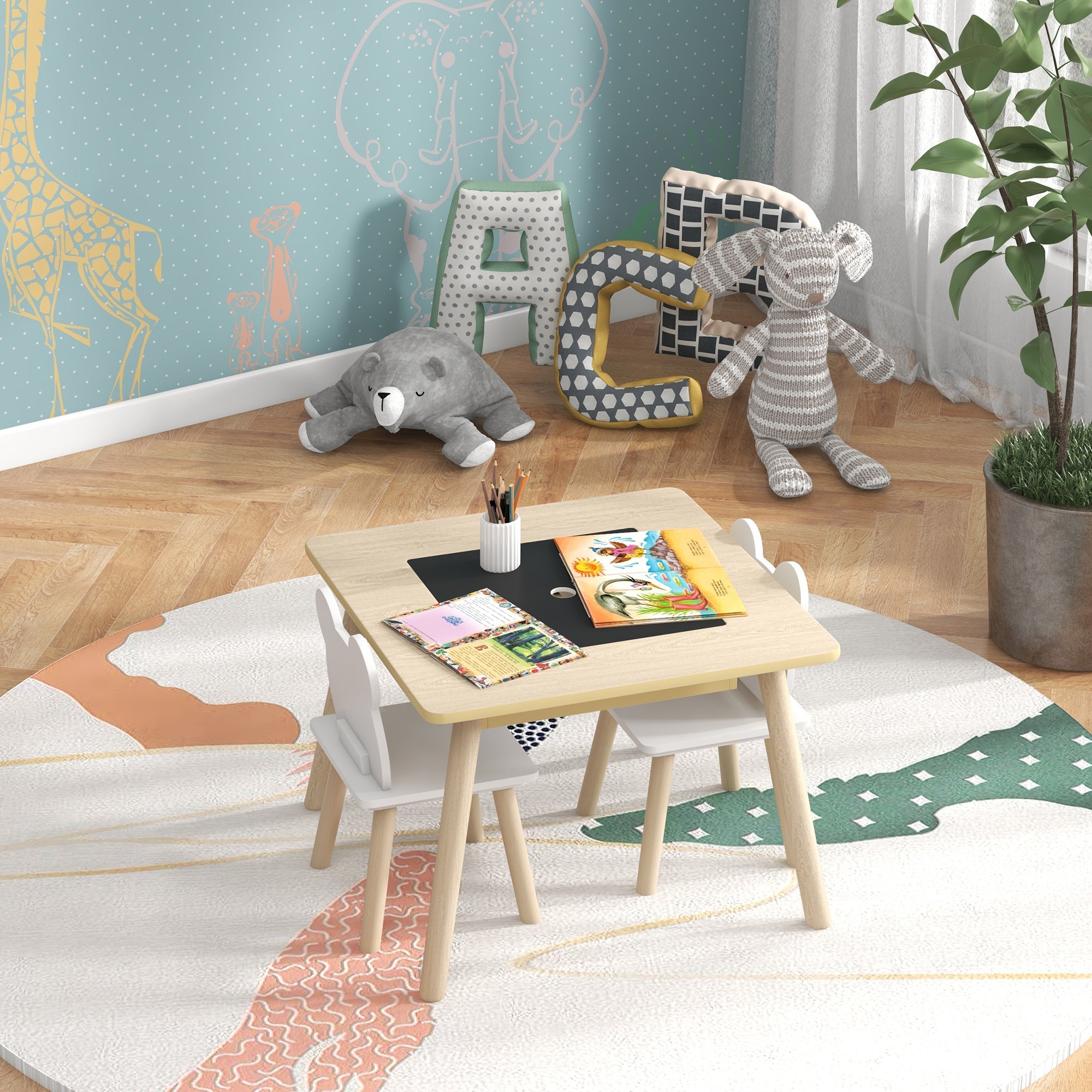 AIYAPLAY 3-Piece Kids Table and Chairs Set with Convertible Desk and Storage Grid, Kids Activity Table for Nursery, Playroom