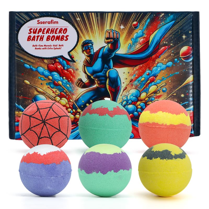 Superhero Bath Bomb Gift Set for Kids - Set of 6 Handmade Fizzies, Moisturising, Bubble Formula - Kids Bath Bombs - Bath Bombs for Boys - Perfect for