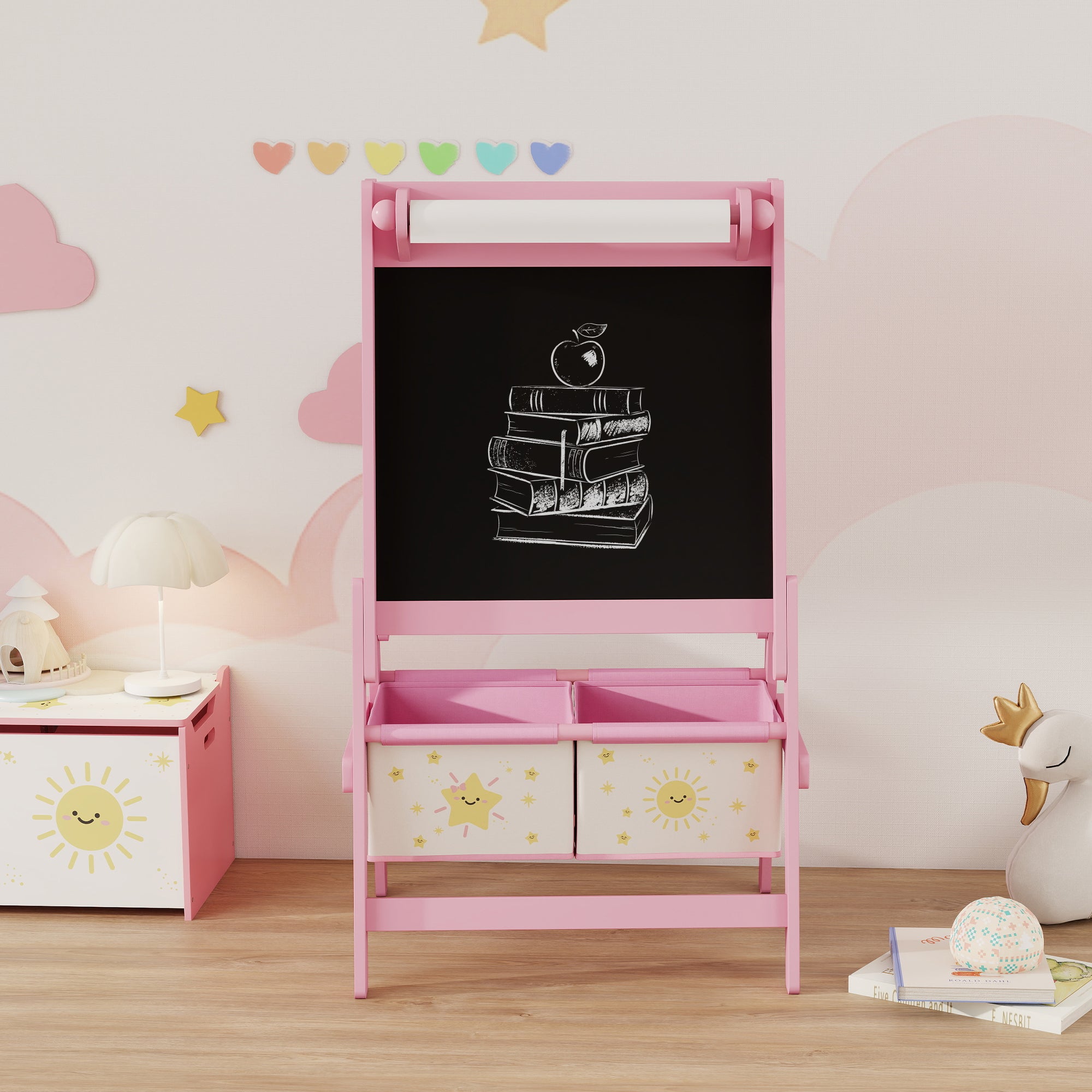 AIYAPLAY Art Easel for Kids, Double-Sided Whiteboard/Blackboard with Paper Roll, Two Storage Boxes, for Ages 3-8 Years, Pink