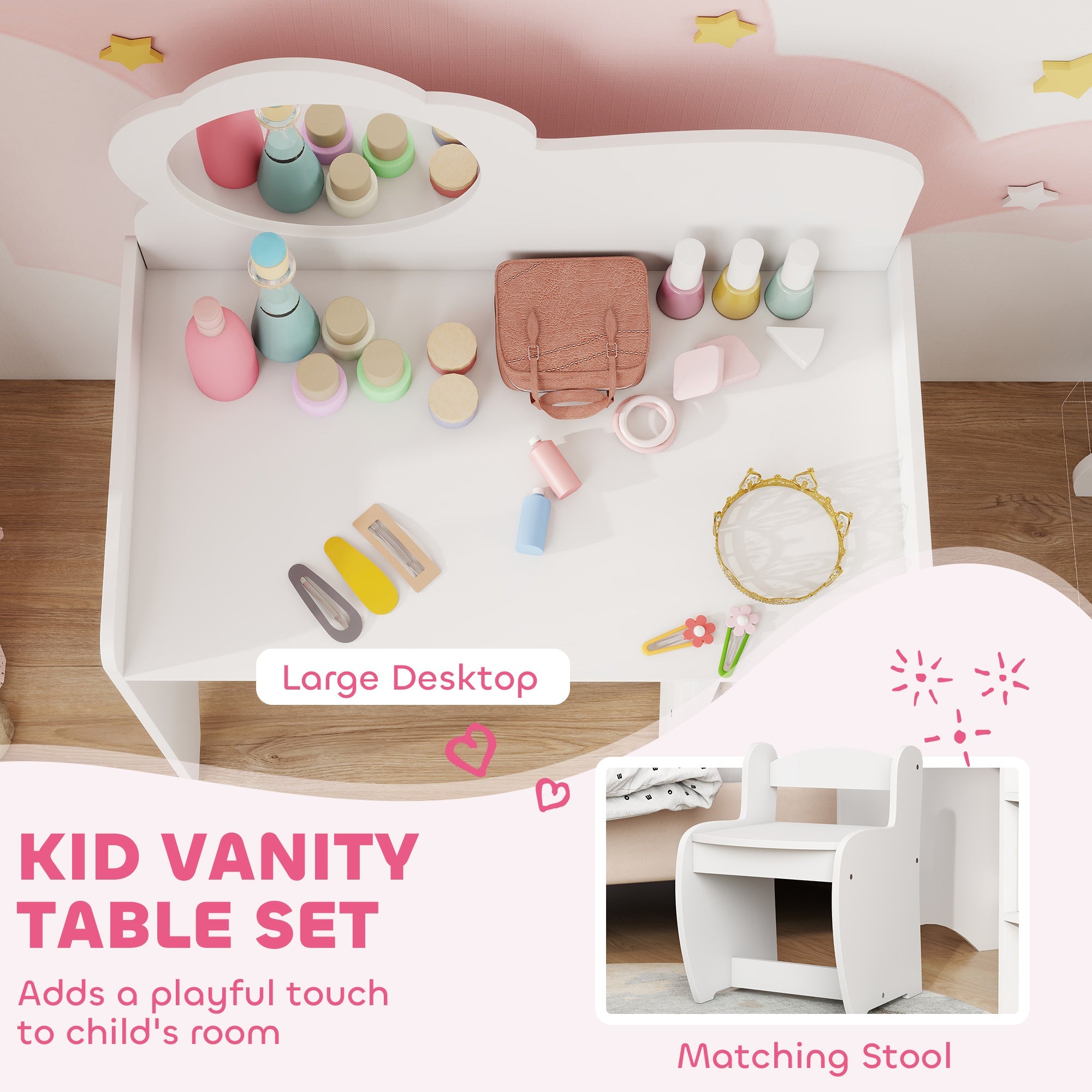 AIYAPLAY Kids Dressing Table with Mirror, Stool, Kids Vanity Table with Shelves, for Ages 3-8 Years, White