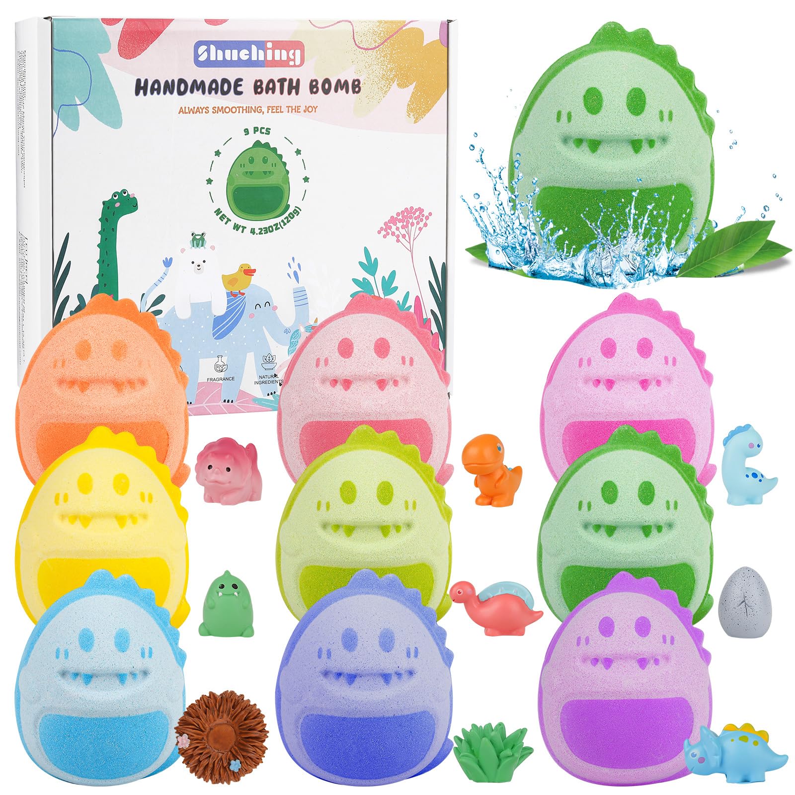 SHUCHING 9 Large Dinosaurs Bath Bombs for Boys with Surprise Inside, Dino Kids Bath Bombs with Toys Inside, Handmade Natural Gift Set for Children