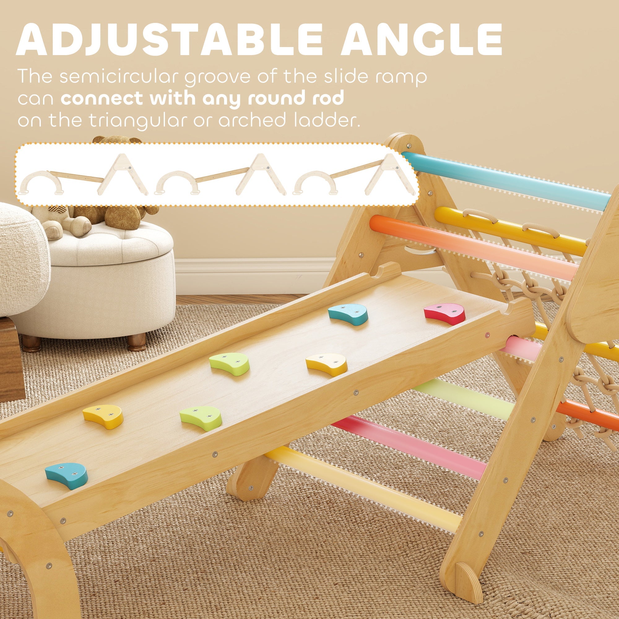 AIYAPLAY 8-in-1 Toddler Climbing Frame, Indoor Play Triangle Set with Slide, Arch and Triangle Ladder, Multicolour