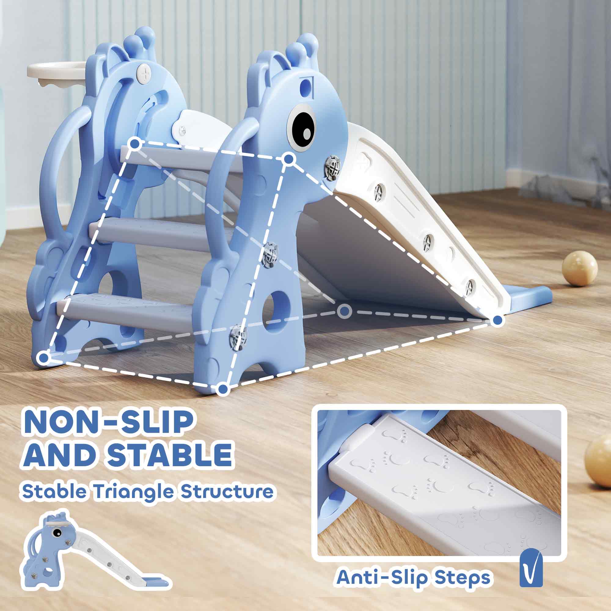 AIYAPLAY 3 in 1 Kids Slide with Climber, Basketball Hoop and Ball, Giraffe Shape Climber Slide for Indoor Kids Age 1-3, Blue