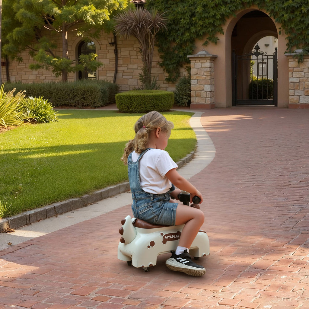 AIYAPLAY Kids Ride On Car, Dinosaur Foot to Floor Slider with Storage, Toddler Walker with Light, Sounds, Cream