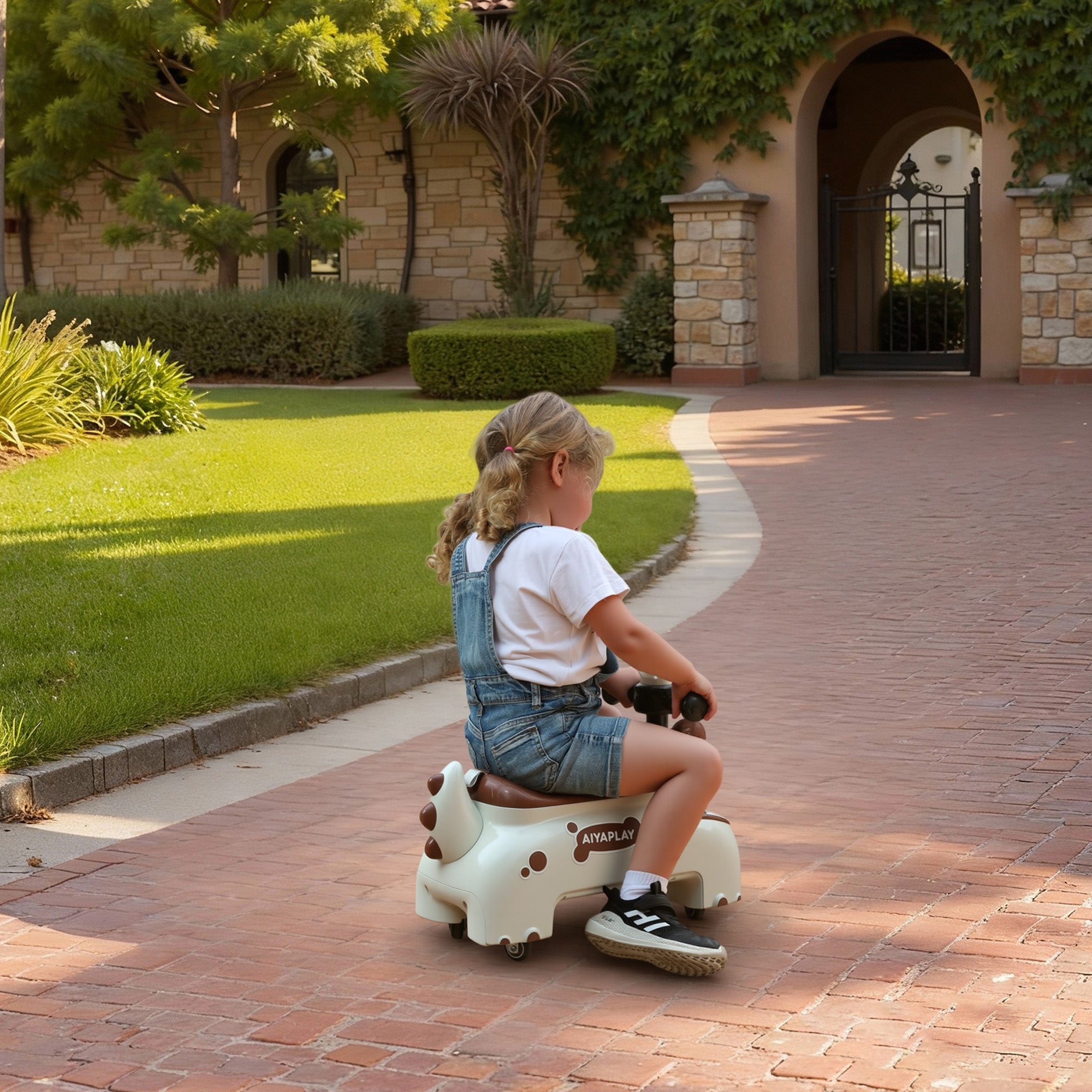 AIYAPLAY Kids Ride On Car, Dinosaur Foot to Floor Slider with Storage, Toddler Walker with Light, Sounds, Cream