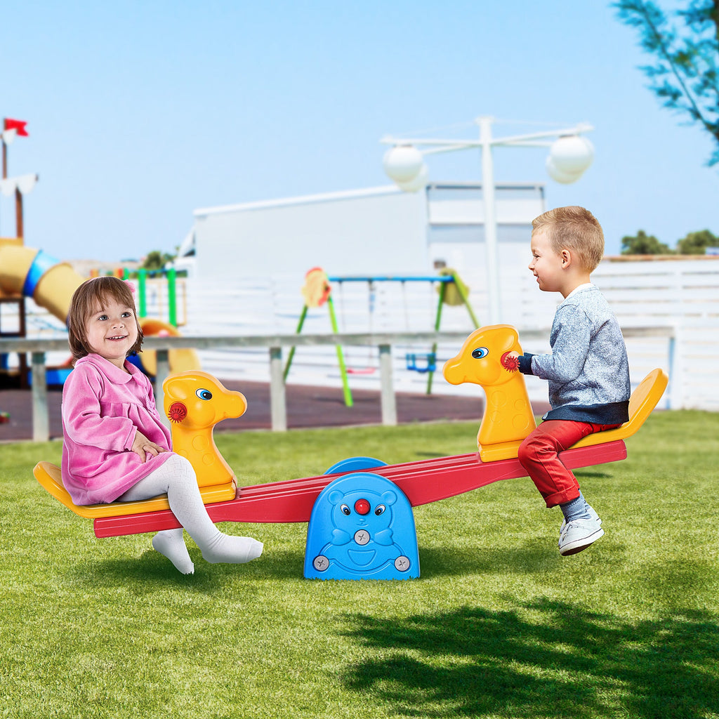HOMCOM Kids Seesaw Safe Teeter Totter 2 Seats with Easy-Grip Handles, Safe, Indoor Outdoor Living Room Playroom Backyard Equipment, for 1-4 years old Multicolor
