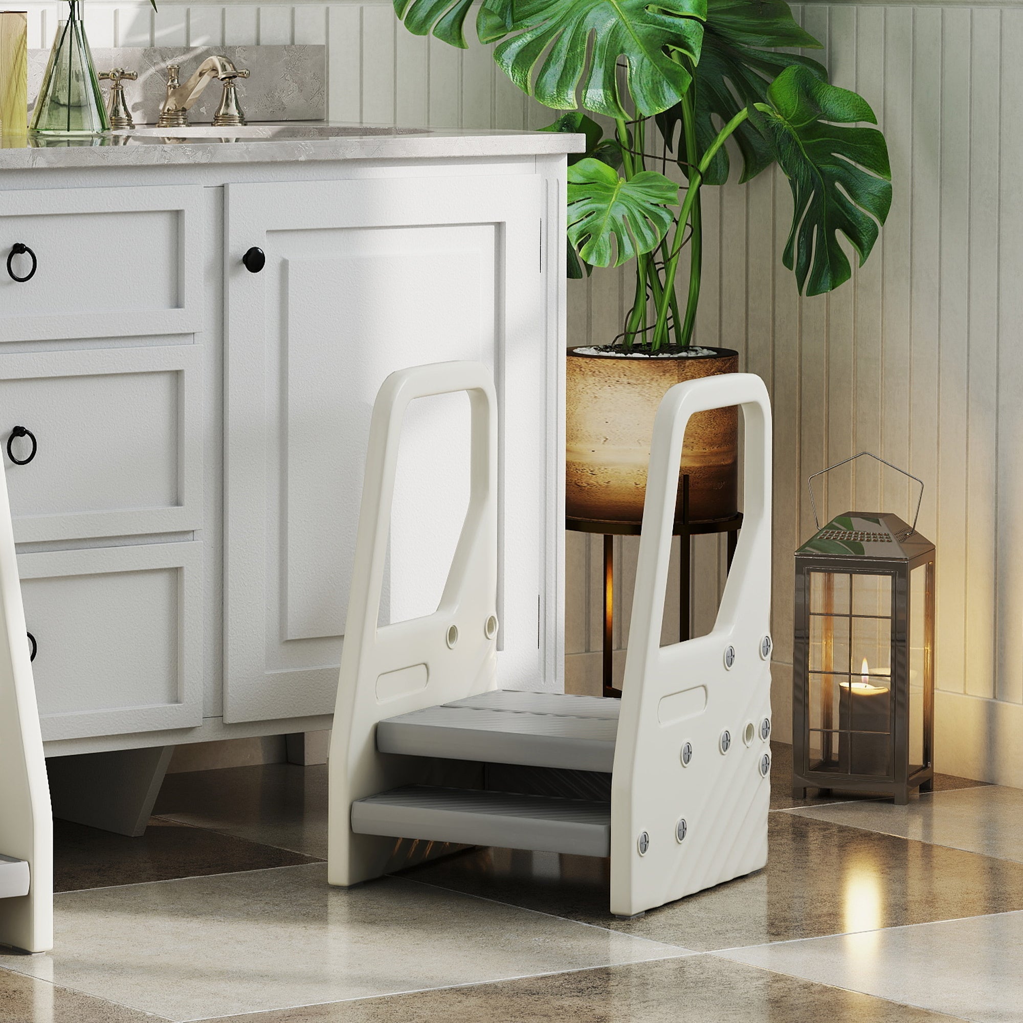 AIYAPLAY Adjustable 3 Step Toddler Tower with Handles, Non-slip Surface and Foot Pads, Grey