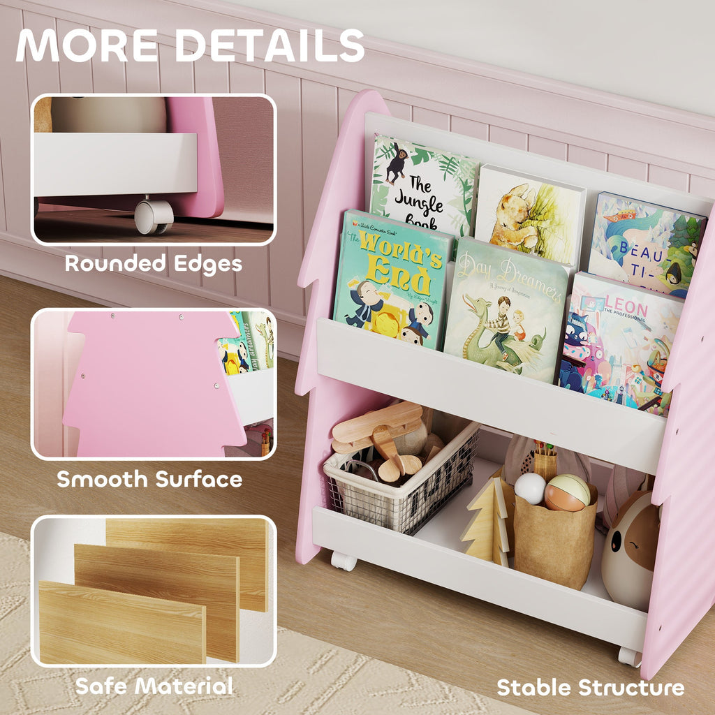 AIYAPLAY Kids Bookshelf with Toy Storage, Double-Sided Bookcase with Wheels, 3 Tier Kids Book Rack for Bedroom, Pink