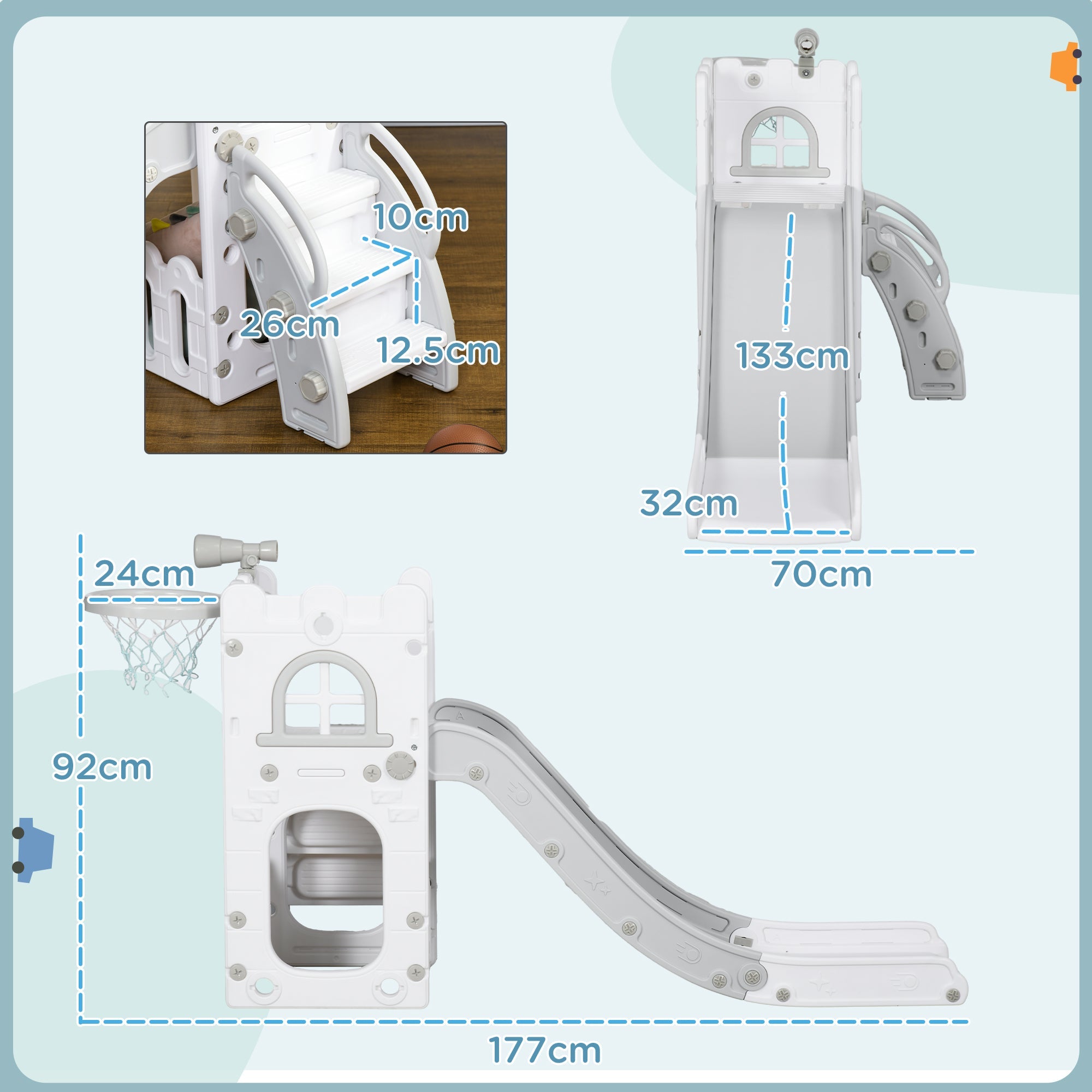 AIYAPLAY 4 in 1 Toddler Slide with Basketball Hoop, Climber, Telescope, Storage Basket, for Ages 1-3 Years, Grey