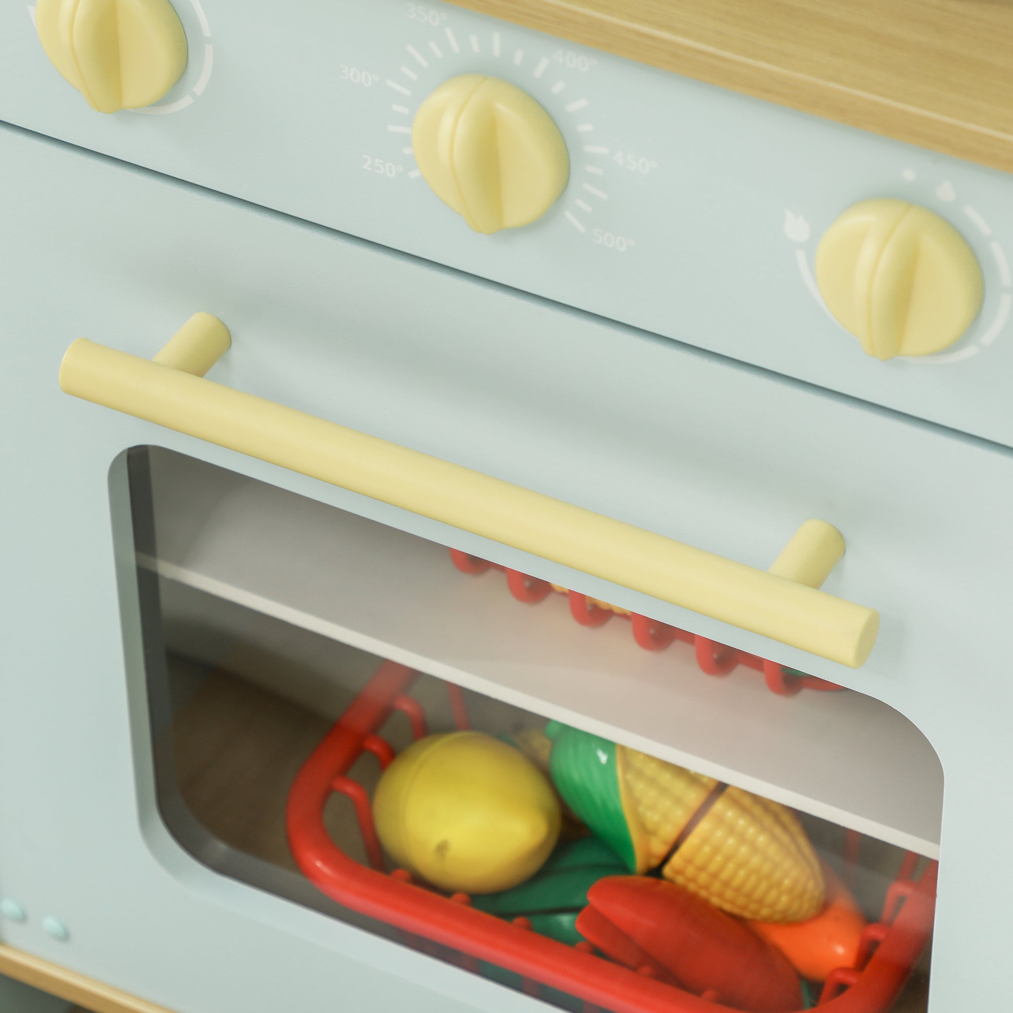 AIYAPLAY Pretend Play Kitchen, Kids Kitchen Playset with Light & Sound Stove, Turning Knobs, Cooking Accessories