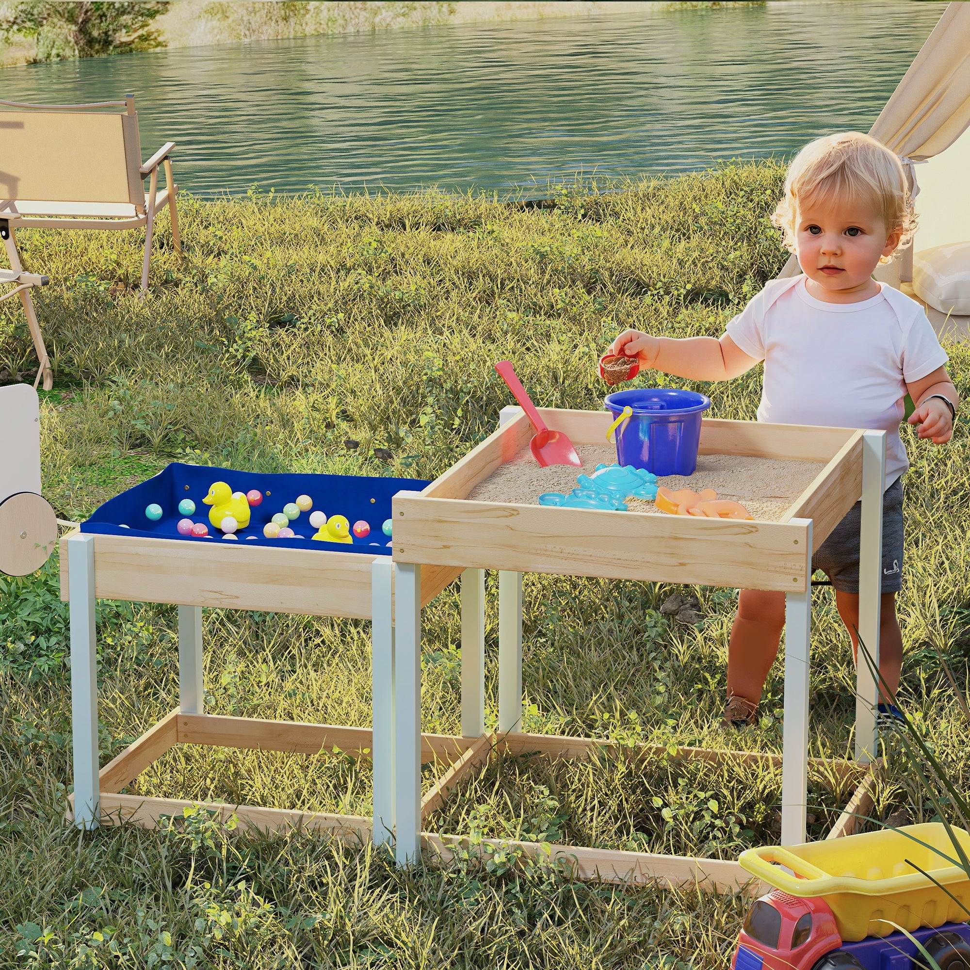 AIYAPLAY 2 PCS Wooden Outdoor Sand and Water Play Tables with Bottom Liner for Kids Aged 3-8 Years Old, Natural Wood Finish