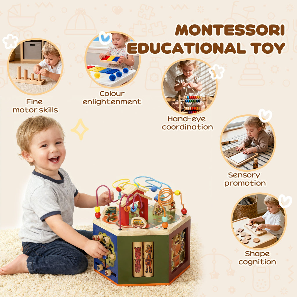AIYAPLAY 8 in 1 Wooden Activity Cube with Bead Maze, Shape Sorter, for Kids Boys Girls 18+ Months