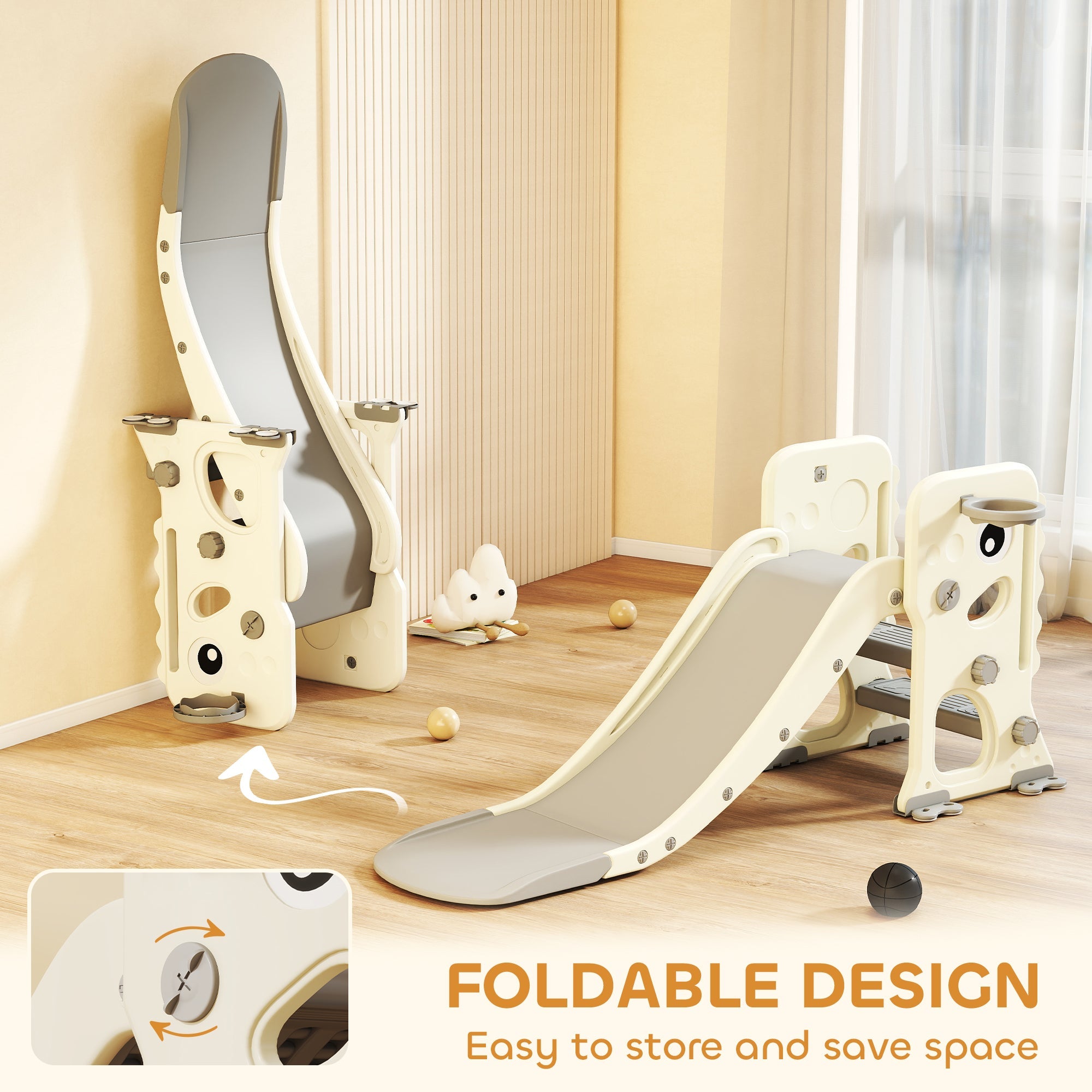 AIYAPLAY 3 in 1 Kids Slide with Climber, Basketball Hoop and Ball, Foldable Indoor Toddler Slide for Ages 2-5, Cream White