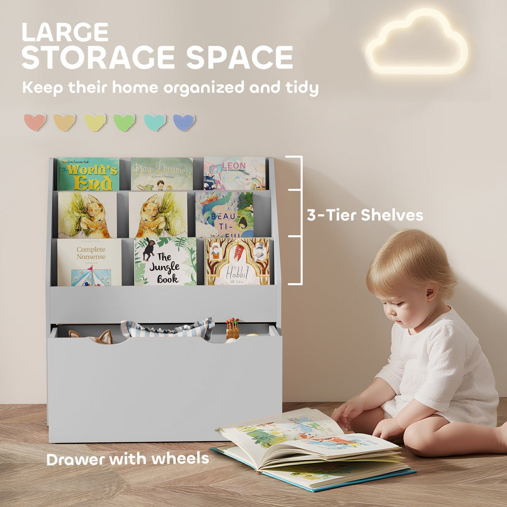 AIYAPLAY Bookcase for Kids with Shelves, Drawer, Bookcase for Bedroom, Playroom, Grey