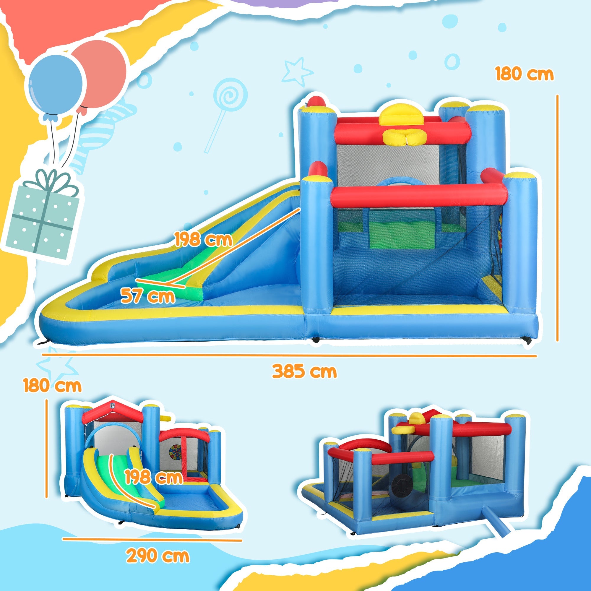 AIYAPLAY Inflatable Bouncy Castle with 550W Blower, Basketball Hoop, Long Slide, Dart Board, Carrying Bag, 385 x 290 x 180 cm