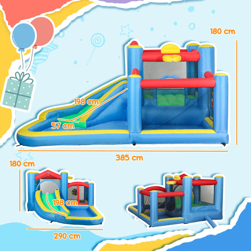 AIYAPLAY Inflatable Bouncy Castle with 550W Blower, Basketball Hoop, Long Slide, Dart Board, Carrying Bag, 385 x 290 x 180 cm