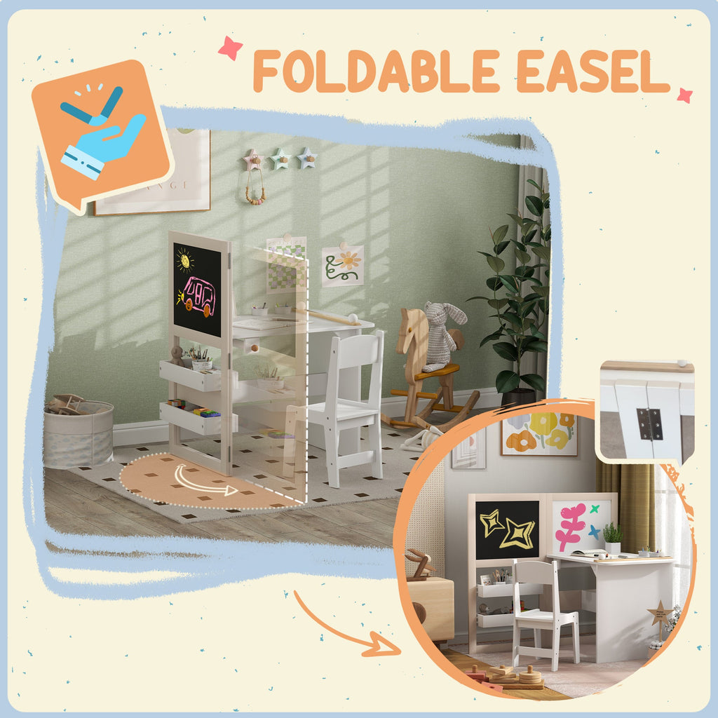 AIYAPLAY 3 in 1 Kids Table and Chair Set with Storage, Whiteboard, Blackboard & Roll Paper for 3-8 Years, White