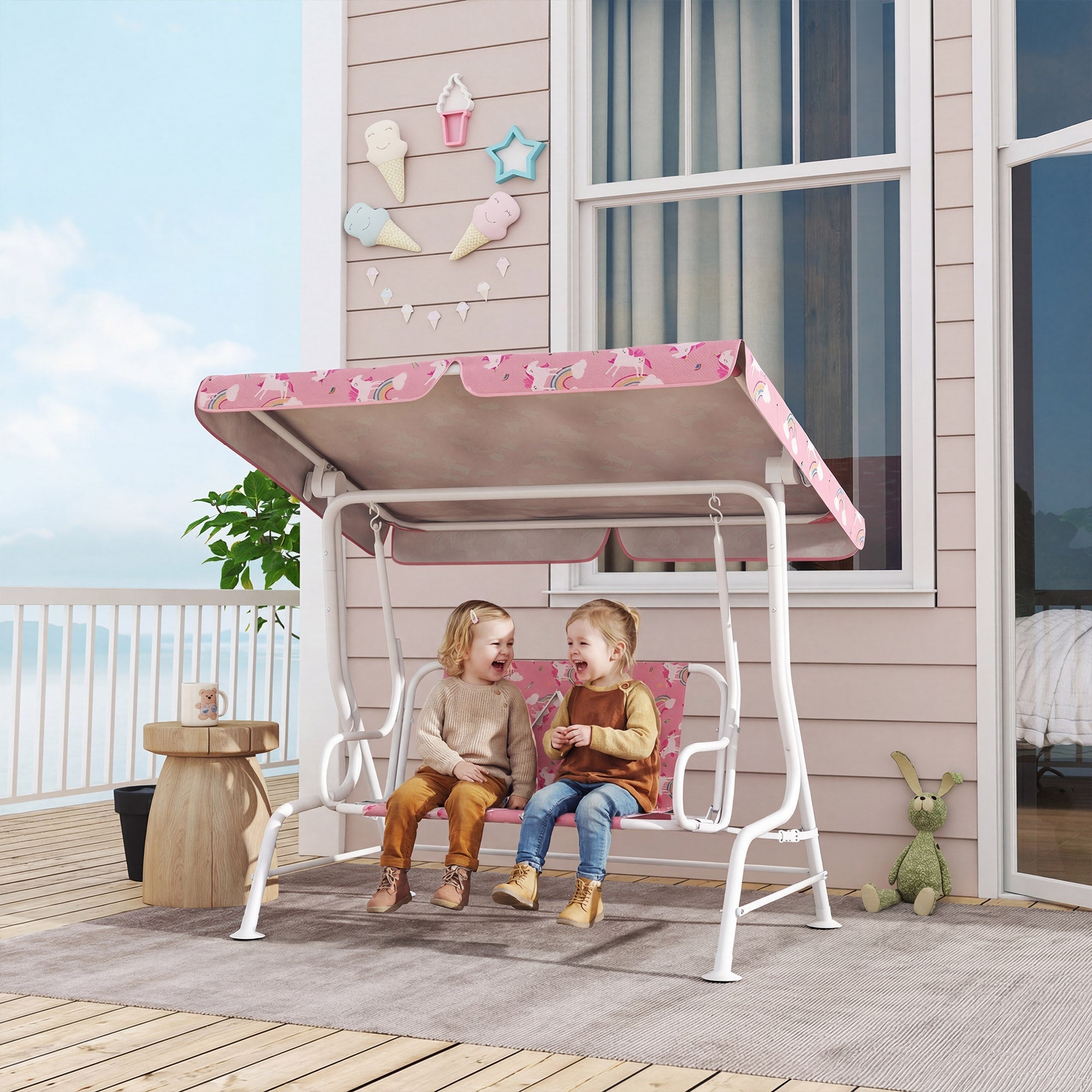 AIYAPLAY Kids Porch Swing, 2-Seater Patio Swing Bench Hammock with Seat Belts, Adjustable Canopy for Garden, Pink
