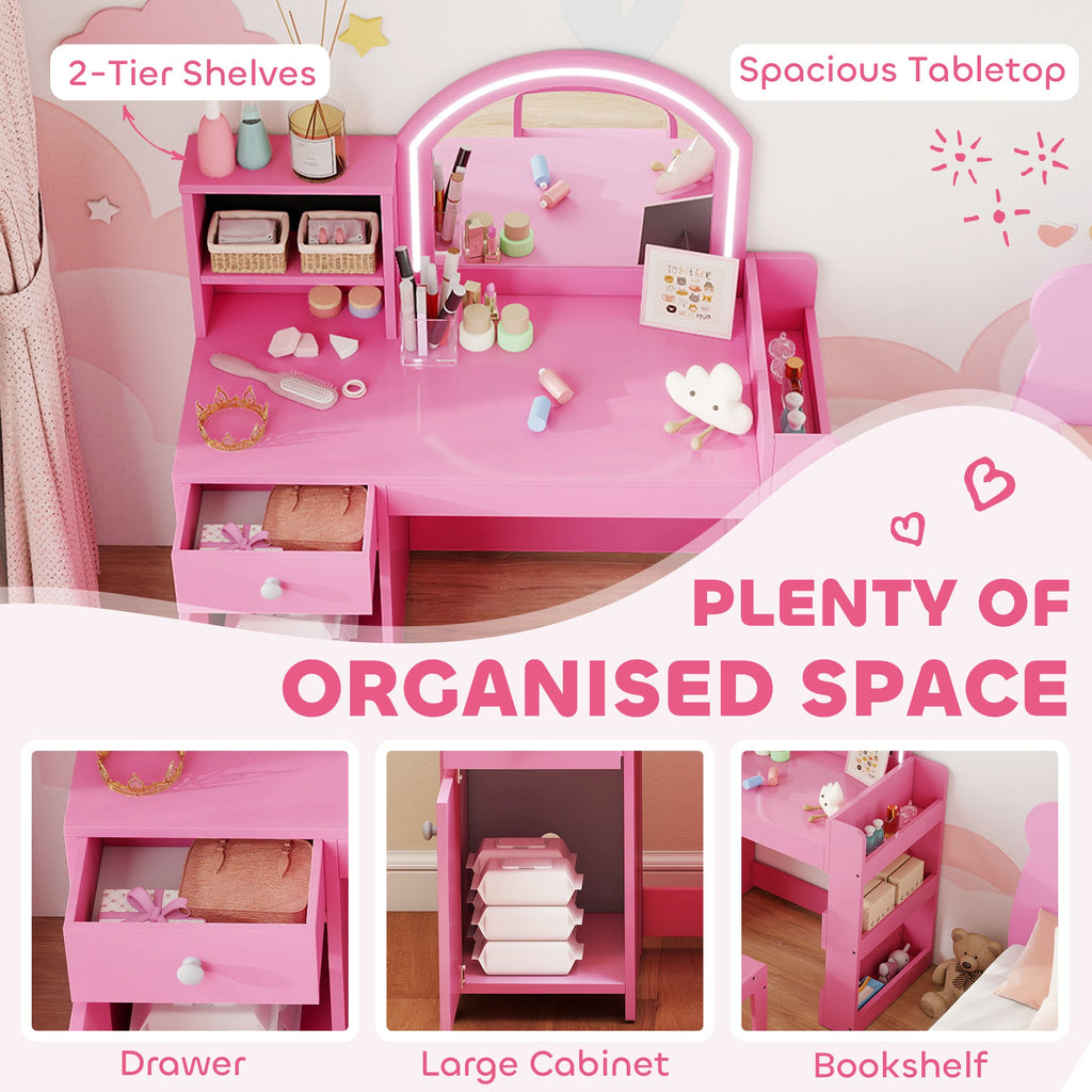 AIYAPLAY Kids Vanity Table and Chair Set, Girls Dressing Table with 2-Colour LED Mirror, Stool, Cabinet, Drawer, Shelves, Pink