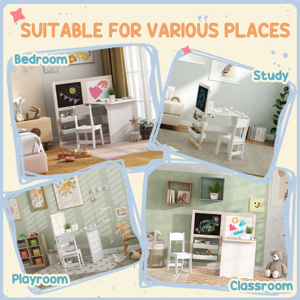 AIYAPLAY 3 in 1 Kids Table and Chair Set with Storage, Whiteboard, Blackboard & Roll Paper for 3-8 Years, White