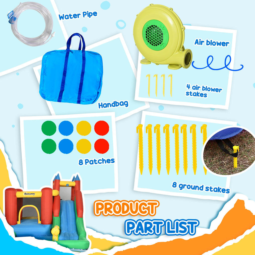 Outsunny Kids Inflatable Bouncy Castle Water Slide 6 in 1 Bounce House Jumping Castle Water Pool Gun Climbing Wall Basketball Hoop with Air Blower for Summer Playland