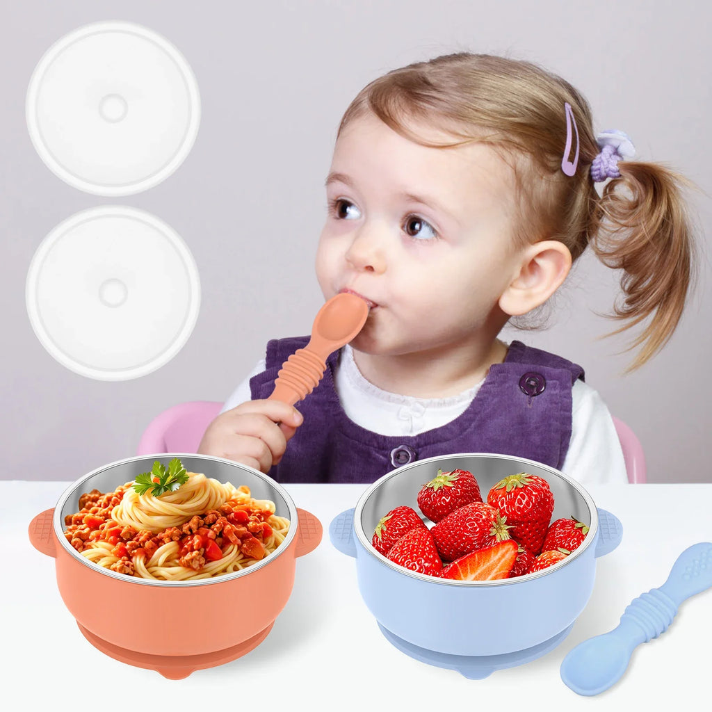 Stainless Steel Baby Bowl Set with Silicone Base & Spoons - 2 Pack