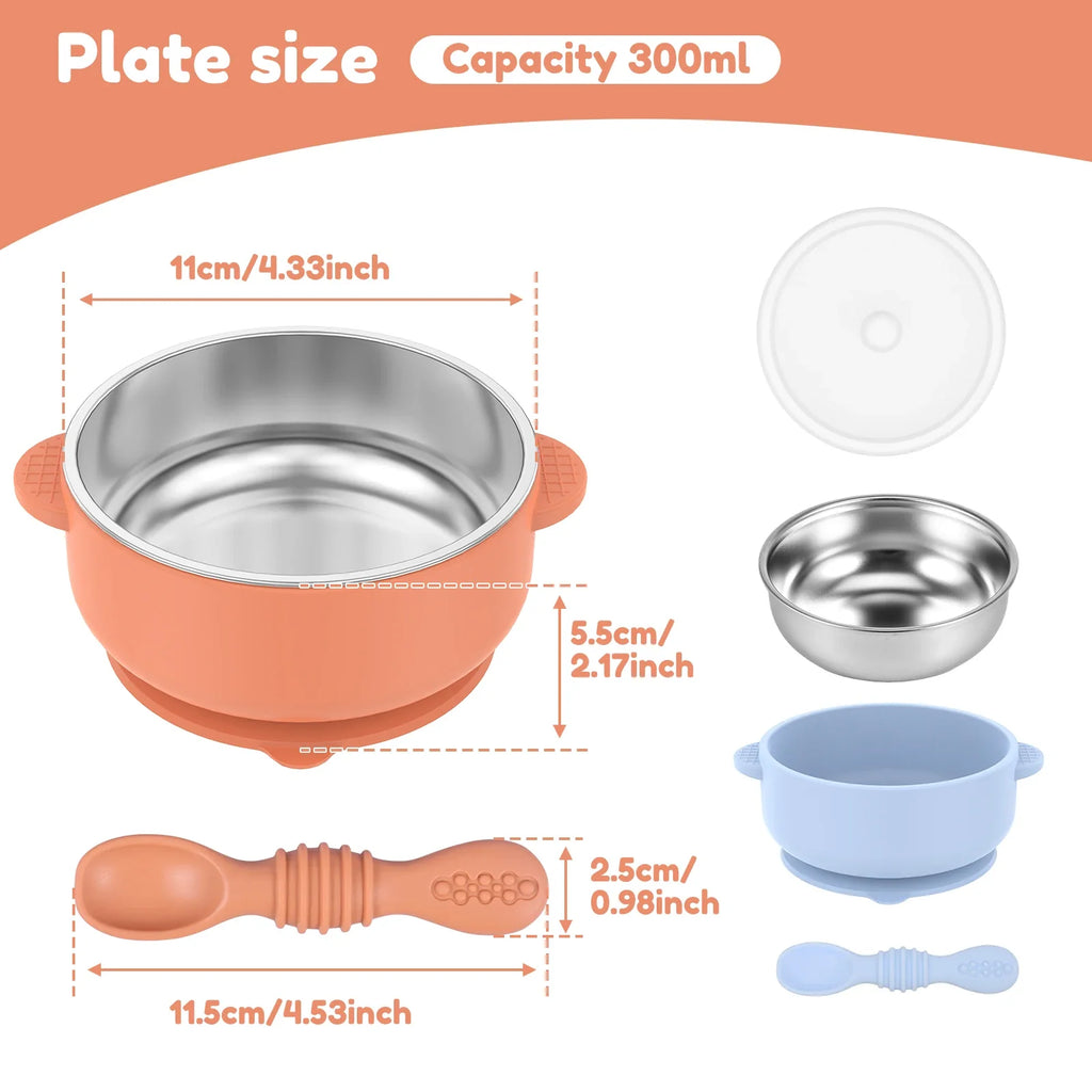 Stainless Steel Baby Bowl Set with Silicone Base & Spoons - 2 Pack