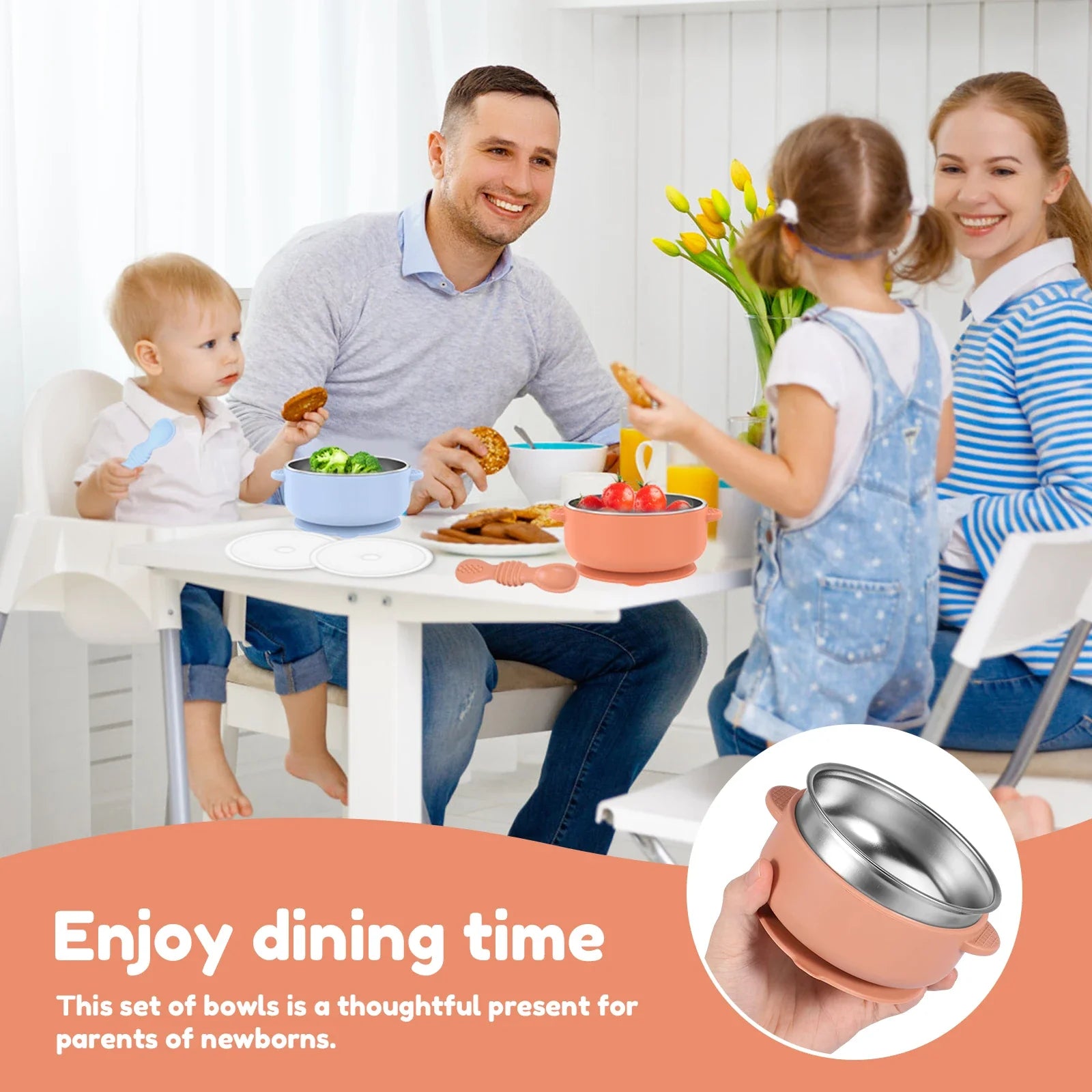 Stainless Steel Baby Bowl Set with Silicone Base & Spoons - 2 Pack