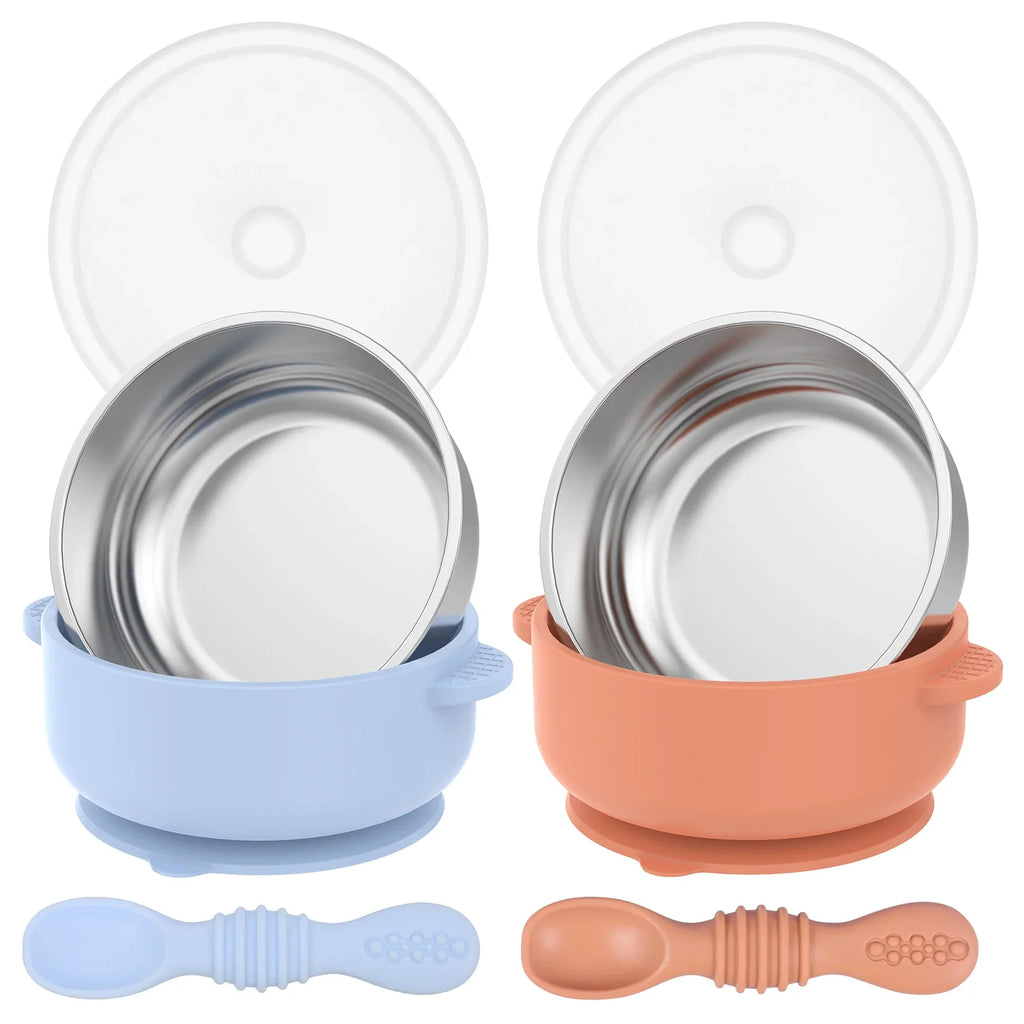Stainless Steel Baby Bowl Set with Silicone Base & Spoons - 2 Pack