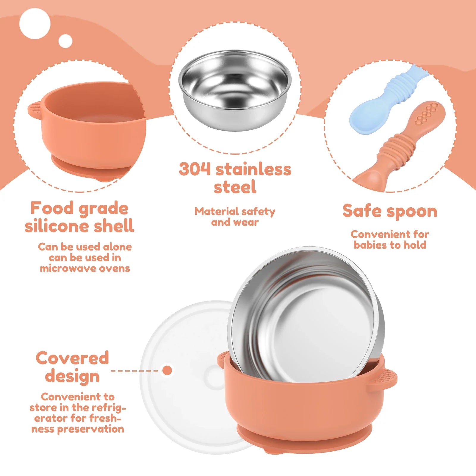 Stainless Steel Baby Bowl Set with Silicone Base & Spoons - 2 Pack