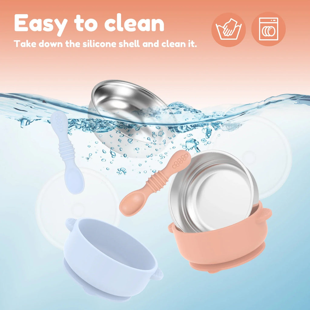 Stainless Steel Baby Bowl Set with Silicone Base & Spoons - 2 Pack
