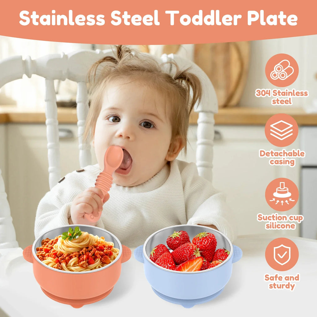 Stainless Steel Baby Bowl Set with Silicone Base & Spoons - 2 Pack