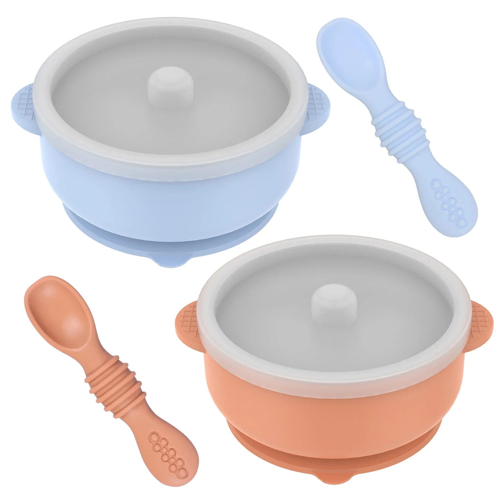 Stainless Steel Baby Bowl Set with Silicone Base & Spoons - 2 Pack
