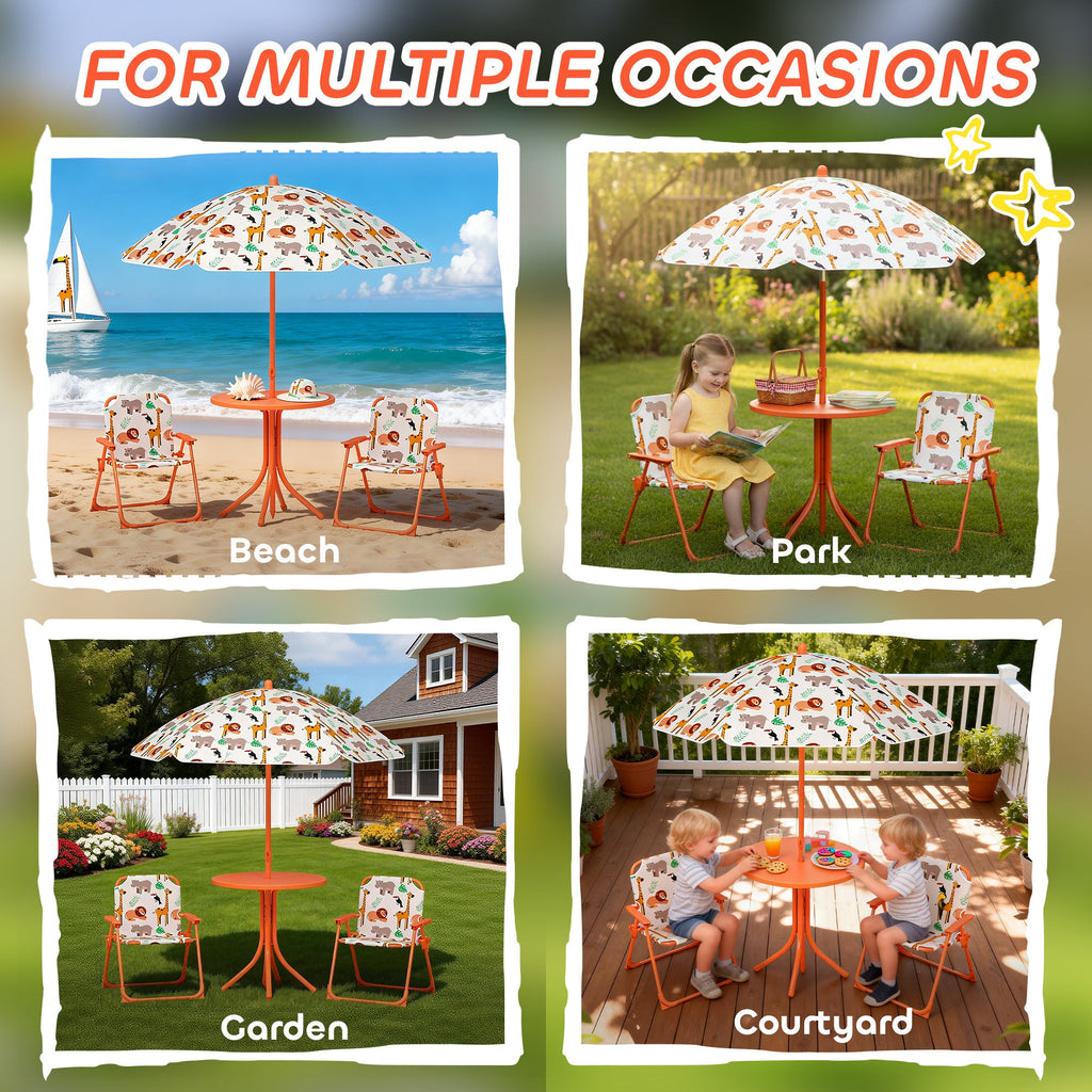 AIYAPLAY Kids Patio Set, Children Table and Chair Set, Outdoor Picnic Table with 2 Folding Chairs and Umbrella, Orange