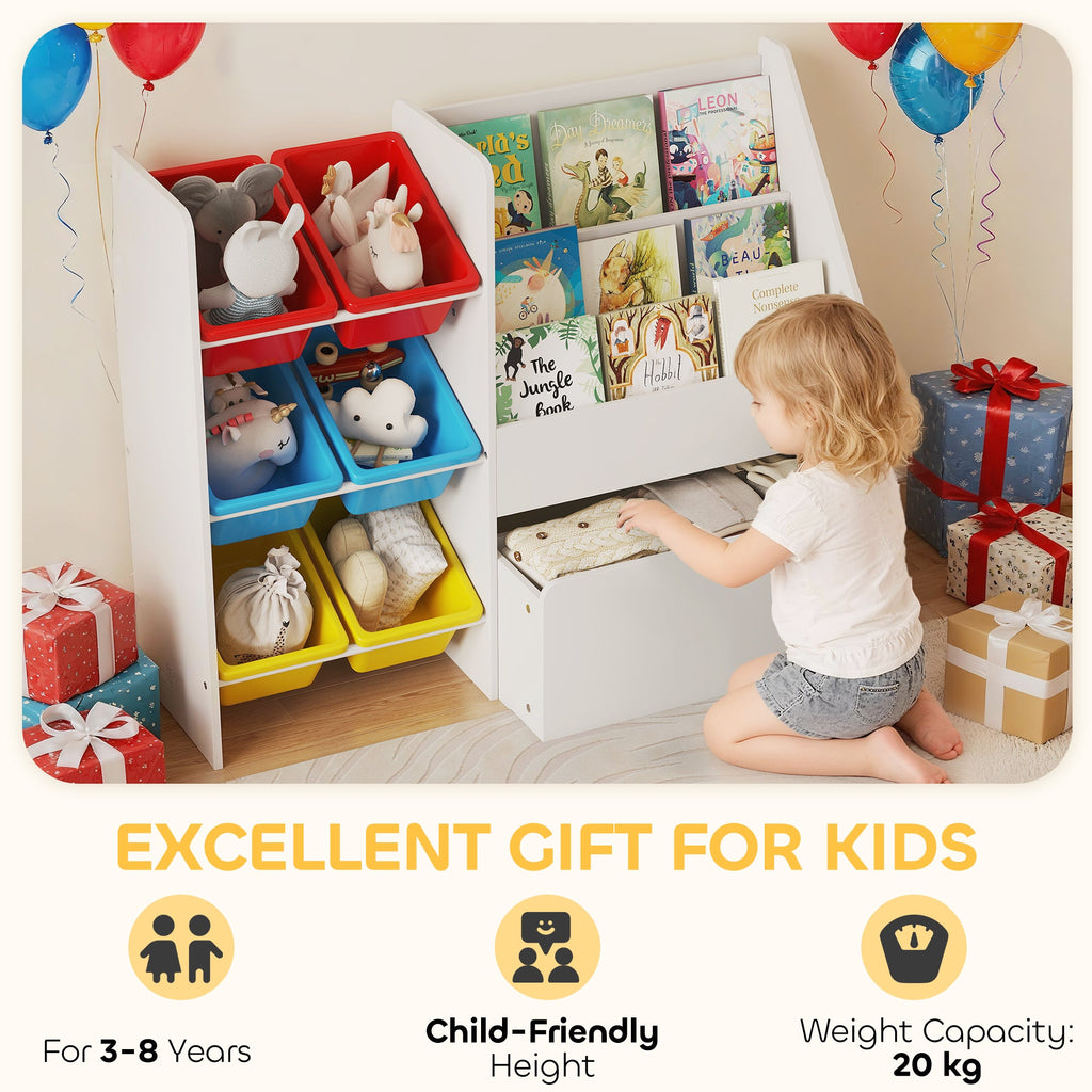 AIYAPLAY Toy Storage Unit, 3-Tier Toy Organiser Shelf with 6 Removable Storage Bins for Bedroom, Nursery, Multicoloured