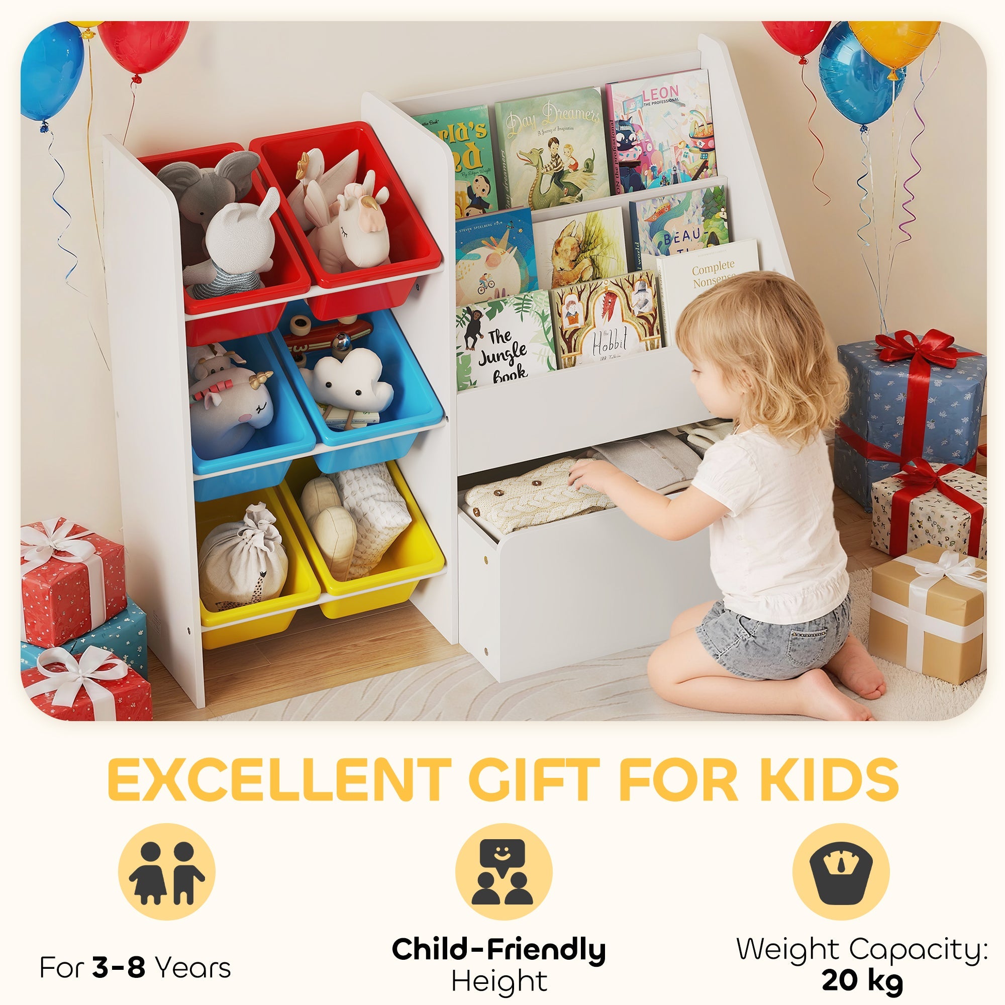 AIYAPLAY Toy Storage Unit, 3-Tier Toy Organiser Shelf with 6 Removable Storage Bins for Bedroom, Nursery, Multicoloured