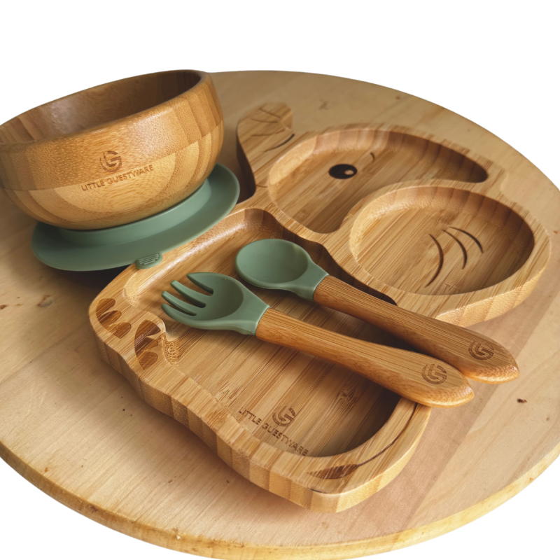 Elephant Bamboo Feeding Set - Plate, Bowl, Spoon & Fork Gift Set